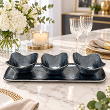 3-Piece Handmade Glass Serving Bowl Set with Matching Tray – Dark Blue with Silver Rim Decorative Snack Bowls for Nuts, Candy, Appetizers & Table Décor
