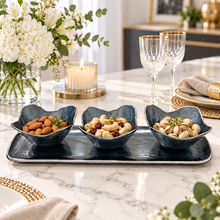 3-Piece Handmade Glass Serving Bowl Set with Matching Tray – Dark Blue with Silver Rim Decorative Snack Bowls for Nuts, Candy, Appetizers & Table Décor