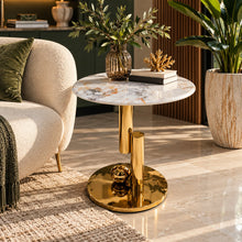 Modern White Ceramic Marble Side Table – Gold Stainless Steel Base Round End Table 45cm Diameter Luxury Living Room Tables
