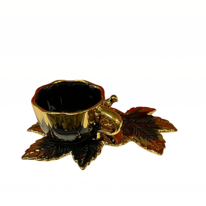 Turkish Coffee Cups SET of Six with Saucers Creative Design Plates that Hold the Cup on one side and snacks on the other side Hot Drink Cups Gold and Black Ceramic Luxury Looking Coffeecup Set 6-Pieces