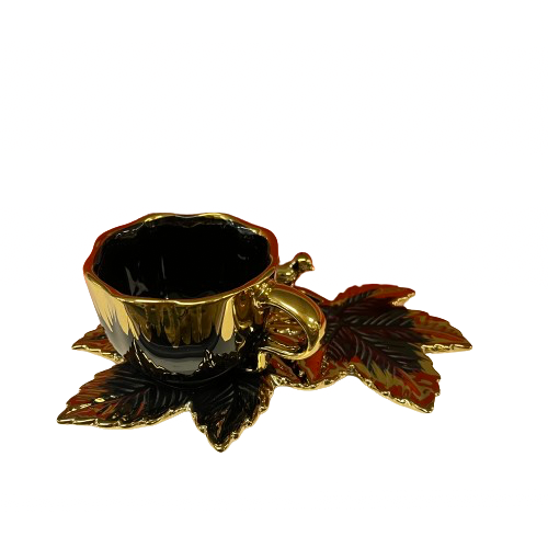 Turkish Coffee Cups SET of Six with Saucers Creative Design Plates that Hold the Cup on one side and snacks on the other side Hot Drink Cups Gold and Black Ceramic Luxury Looking Coffeecup Set 6-Pieces