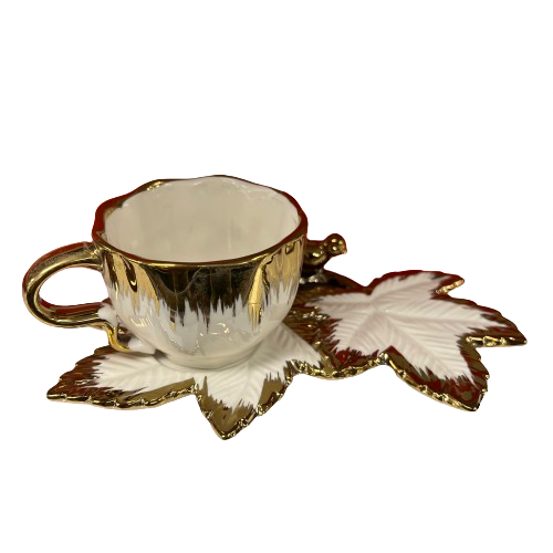 Turkish Coffee Cups SET of Six with Saucers Creative Design Plates that Hold the Cup on one side and snacks on the other side Hot Drink Cups Gold and White Ceramic Luxury Looking Coffeecup Set 6-Pieces