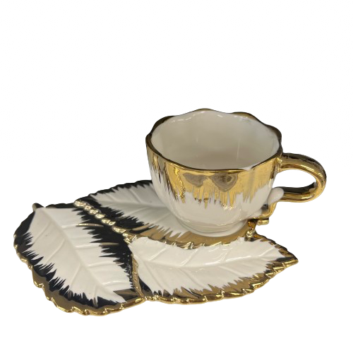 Turkish Coffee Cups SET of Six with Saucers Creative Design Plates that Hold the Cup on one side and snacks on the other side Hot Drink Cups Gold and White Ceramic Luxury Looking Coffeecup Set 6-Pieces