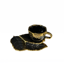 Turkish Coffee Cups SET of Six with Saucers Creative Design Plates that Hold the Cup on one side and snacks on the other side Hot Drink Cups Gold and Black Ceramic Luxury Looking Coffeecup Set 6-Pieces