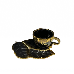 Turkish Coffee Cups SET of Six with Saucers Creative Design Plates that Hold the Cup on one side and snacks on the other side Hot Drink Cups Gold and Black Ceramic Luxury Looking Coffeecup Set 6-Pieces