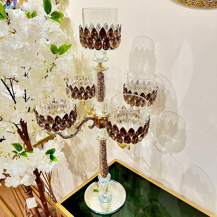 Candle Holder Large Luxury 5 Flower Crystal Hallow Lotus Decorated for Tabletop in Gold