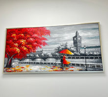 Original Hand-Painted Oil Painting 60x30 Inches – Romantic Canvas, London Clock Tower Canvas |  Landscape Wall Art with Silver Chrome Frame, Couple with Umbrella Wall Art