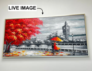 Original Hand-Painted Oil Painting 60x30 Inches – Romantic Canvas, London Clock Tower Canvas |  Landscape Wall Art with Silver Chrome Frame, Couple with Umbrella Wall Art