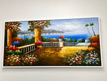Original Hand-Painted Oil Painting 60x30 Inches – Venice Landscape Wall Art with White Frame, Mediterranean Terrace Oil Painting | Colourful Flowers, Ocean View & Coastal Landscape Wall Decor