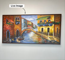 Original Hand-Painted Oil Painting 60x30 Inches – Venice Landscape Wall Art with Brown Frame, Mediterranean Bridge Oil Painting | Colourful Flowers, Lake View & Coastal Landscape Wall Decor