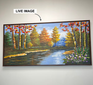 Original Hand-Painted Oil Painting 60x30 Inches – Calm river with Colourful Trees Landscape Wall Art with Brown Frame, Autumn Forest Decor