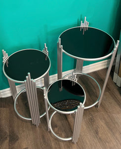 Side Tables Coffee Tables Silver with Metal Frame & Black Tinted Mirror Glass