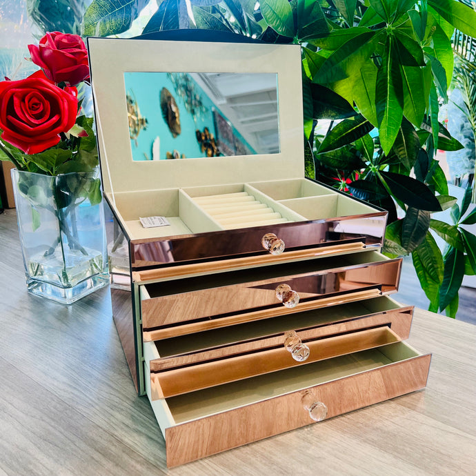 Jewelry Box Fashion Beauty Suitcase Accessory Mirrored Glass Storage Box Cases Portable with Mirror in Gold