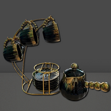 Turkish Coffee Cups Set of Six Black and Gold Saucers with Kettle and Stand Hot Drink Cups with Holders Ceramic Luxury Looking Coffee Cups with Saucers Set