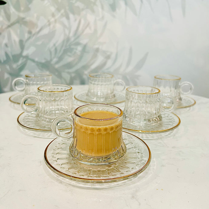 Turkish Coffee Cups SET of Six with Plates Hot Drink Cups with Tray Glass Luxury Looking Coffeecup Set 6-Pieces
