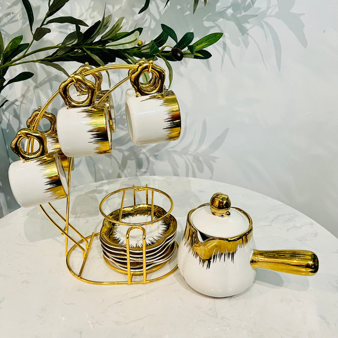 Turkish Coffee Cups Set of Six Saucers with Kettle and Stand Hot Drink Cups with Holders Ceramic Luxury Looking Coffee Cups with Saucers Set