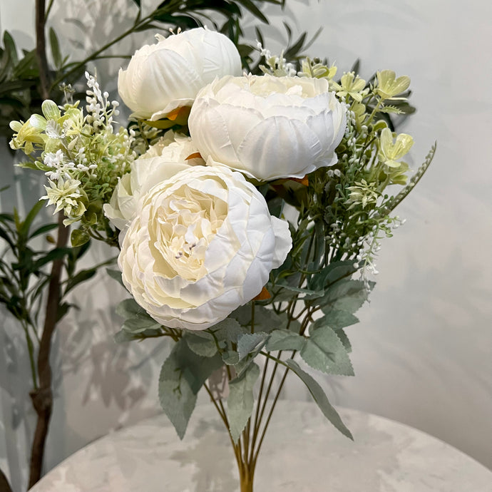 Flower Bunch in WHITE Flower Bouquet Silk Floral Bunch with Fillers Greeneries for Home Decor, Office, Bedroom, Living Room Flowers for Vases