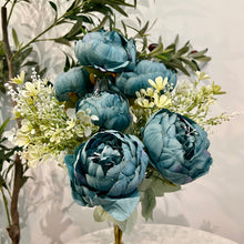 7-Head Peony Flower Bunch in BLUE with Burgundy Silk Flower Bunch with Fillers – 19" Bendable Stems Artificial Floral Bouquet for Vases, Home Decor, Office, Bedroom & Living Room