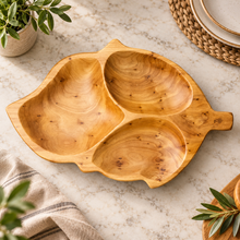 Wooden Divided Serving Tray – 3-Compartment Leaf-Shaped Snack Platter, Natural Wood Appetizer Bowl, Nuts & Fruit Serving Dish, Decorative Kitchen & Dining Table Tray