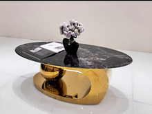 Luxury Black Marble Coffee Table with Gold Base | Modern Oval Stainless-Steel Design