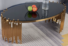 Luxury Black Glass Coffee Table with Gold Stainless-Steel Base | Modern Oval Design