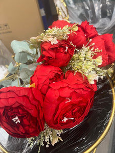 Flower Bunch in RED Flower Bouquet Silk Floral Bunch with Fillers Greeneries for Home Decor, Office, Bedroom, Living Room Flowers for Vases
