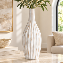 Large White & Beige Ceramic Floor Vase – 22.5" INCH Tall Modern Decorative Ribbed Vase, Textured Statement Vase for Living Room, Entryway & Home Décor