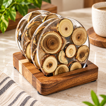 Wooden Resin Coasters Set of 4 with Holder – Round Clear Drink Coasters, Natural Wood Slice Design, Decorative Coffee Table Coaster Set, Rustic Kitchen & Home Décor