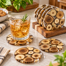 Wooden Resin Coasters Set of 4 with Holder – Round Clear Drink Coasters, Natural Wood Slice Design, Decorative Coffee Table Coaster Set, Rustic Kitchen & Home Décor