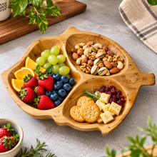 Wooden Divided Serving Tray – 3-Compartment Leaf-Shaped Snack Platter, Natural Wood Appetizer Bowl, Nuts & Fruit Serving Dish, Decorative Kitchen & Dining Table Tray