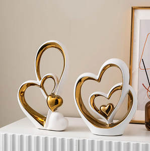 LOVE Shape Centre Piece Sculpture in White and Gold Ceramic Modern Decor for Tabletop, Available in Two Styles