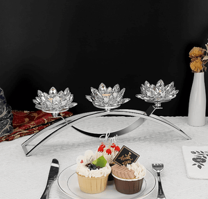 Tea-light Candle Holder 3 Arms Luxury Crystal Hallow Lotus Decorated Centrepiece in Silver OR Gold