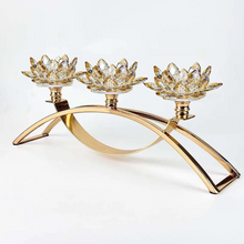 Tea-light Candle Holder 3 Arms Luxury Crystal Hallow Lotus Decorated Centrepiece in Silver OR Gold