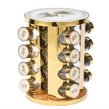 16 pieces Gold Rotary Seasoning Jar Organizer Seasoning Bottle Decorated Kitchen Seasoning Rack in White and Gold