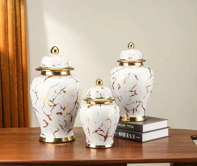 Ginger Jar Medium with Lid in Gold and White Ceramic Marble Look Ginger Jar for Living Room or Kitchen Decoration (ONE PIECE INCLUDED)