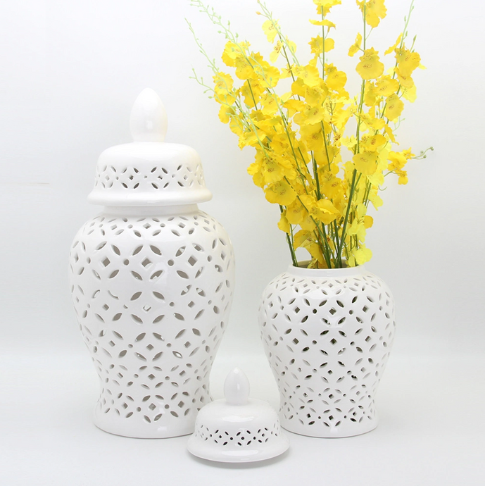 Ginger Jar 18” INCH Large with Lid in White Ceramic Flower Vase for Living Room or Kitchen Decoration (ONE PIECE INCLUDED)