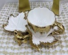 Turkish Coffee Cups SET of Six with Saucers Creative Design Plates that Hold the Cup on one side and snacks on the other side Hot Drink Cups Gold and White Ceramic Luxury Looking Coffeecup Set 6-Pieces