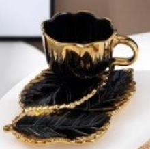 Turkish Coffee Cups SET of Six with Saucers Creative Design Plates that Hold the Cup on one side and snacks on the other side Hot Drink Cups Gold and Black Ceramic Luxury Looking Coffeecup Set 6-Pieces