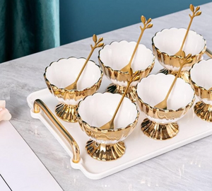 7-pieces Ice-cream Bowls Set Ceramic White and Gold Dessert Mugs Serving Tray with Golden Dessert Spoons