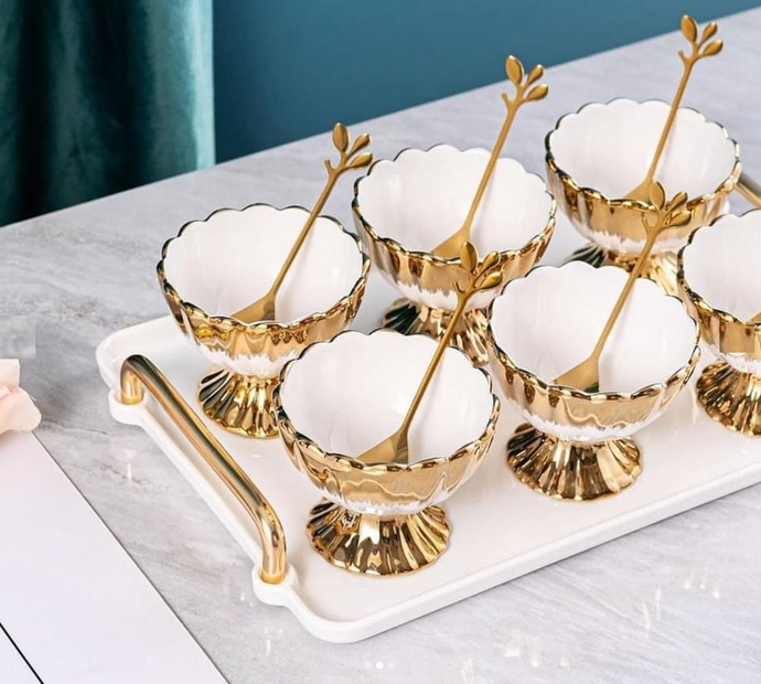 7-pieces Ice-cream Bowls Set Ceramic White and Gold Dessert Mugs Serving Tray with Golden Dessert Spoons