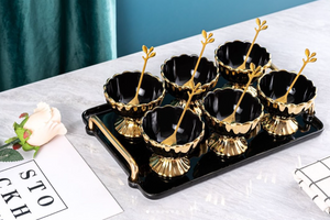 7-pieces Ice-cream Bowls Set Ceramic Black and Gold Dessert Mugs Serving Tray with Golden Dessert Spoons