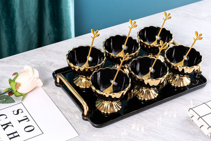 7-pieces Ice-cream Bowls Set Ceramic Black and Gold Dessert Mugs Serving Tray with Golden Dessert Spoons
