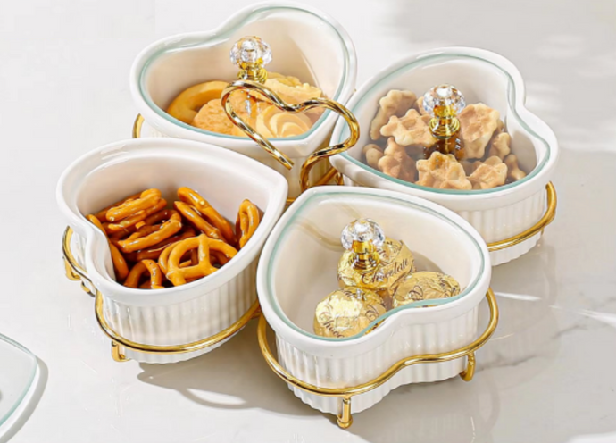 Serving Snack Tray Kitchen Golden Metal Tray White Heart Shape Ceramic Bowls for Fruits, Nuts Organizer, Multi Sectional Serving Plate