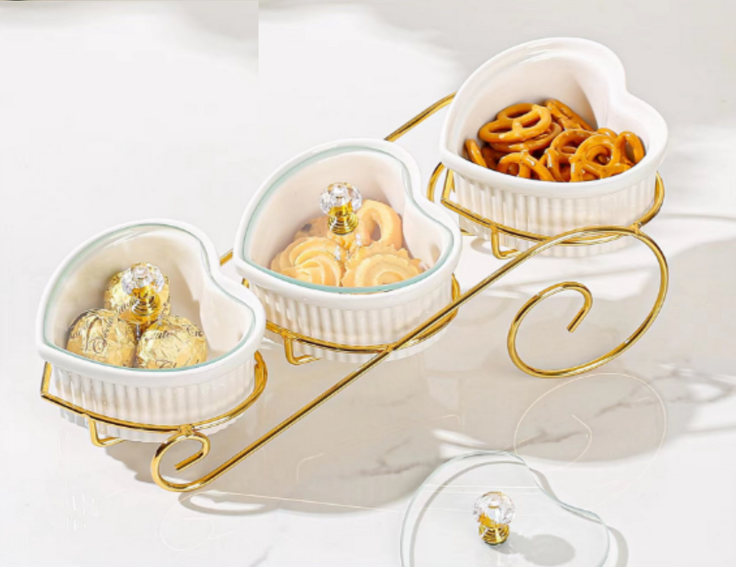 3-piece Serving Snack Plate with Stand Kitchen Golden Metal Tray White Heart Shape Ceramic Bowls for Fruits, Nuts Organizer, Multi Sectional Serving Plate