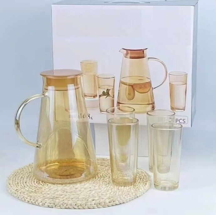 Crystal Glass Gold Juice Carafe, 5-piece Set Juice Drink Glass Container Water Utensil with Crystal Glass Matching Classy Juice Cups