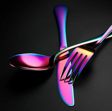 Colourful Tableware Set 30 Pieces Cutlery Stainless Steel Spoons, Knives, Forks with a Stainless Steel Silver STAND Organizer for Kitchen/ Dining Area