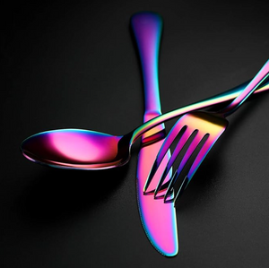 Colourful Tableware Set 30 Pieces Cutlery Stainless Steel Spoons, Knives, Forks with a Stainless Steel Silver STAND Organizer for Kitchen/ Dining Area
