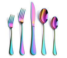 Colourful Tableware Set 30 Pieces Cutlery Stainless Steel Spoons, Knives, Forks with a Stainless Steel Silver STAND Organizer for Kitchen/ Dining Area