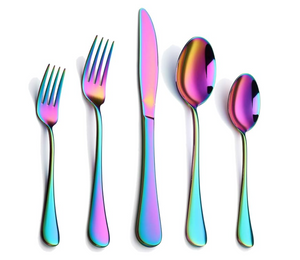 Colourful Tableware Set 30 Pieces Cutlery Stainless Steel Spoons, Knives, Forks with a Stainless Steel Silver STAND Organizer for Kitchen/ Dining Area