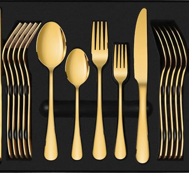 Gold Cutlery Tableware Set 30 Pieces Cutlery Stainless Steel Spoons, Knives, Forks with a Stainless Steel Silver STAND Organizer for Kitchen/ Dining Area
